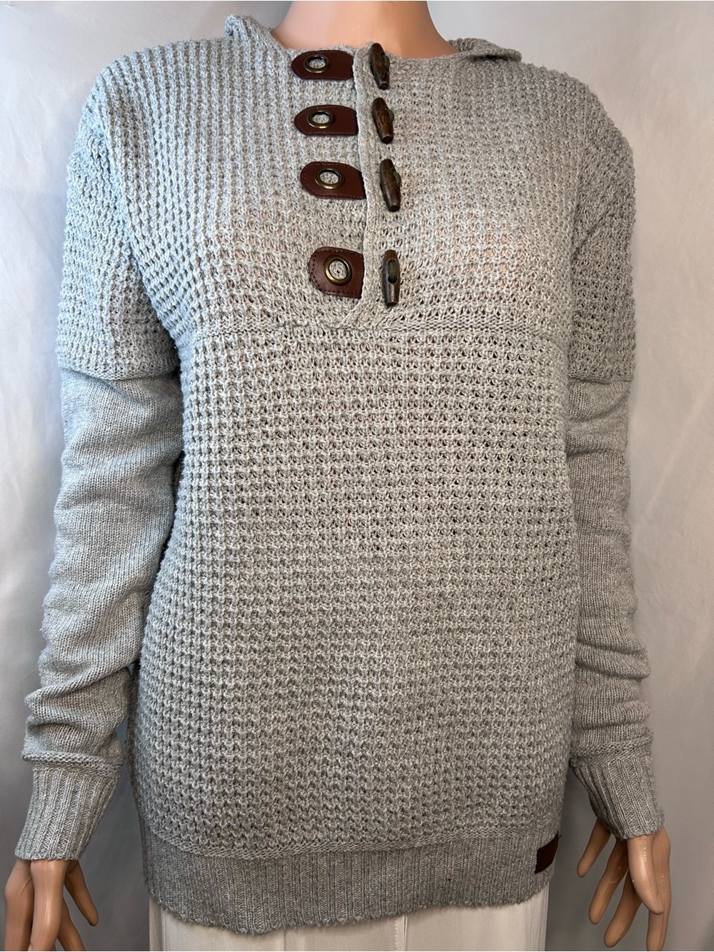 Hooded Waffle-Knit Cardigan in Light Gray with Toggle Accents